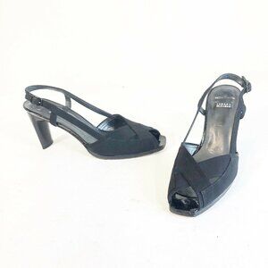 Stuart Weitzman Slingback Leather Pump Heels Womens 8.5 AA Black Peep Toe Buckle